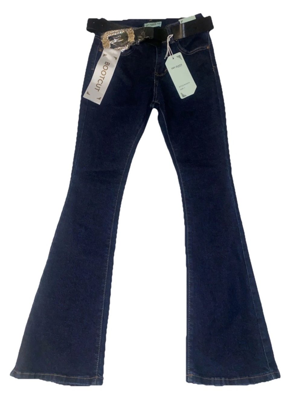 Sky Jeans Original NWT Dark Blue Boot Cut, Rhinestone Belt Jeans Jr SZ 1